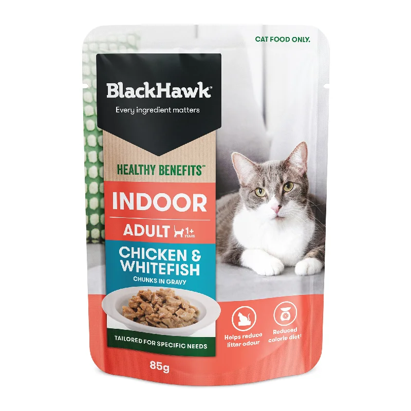    - High-fiber cat food  Black Hawk Healthy Benefits Chicken Whitefish Gravy Wet Indoor Adult Cat Food