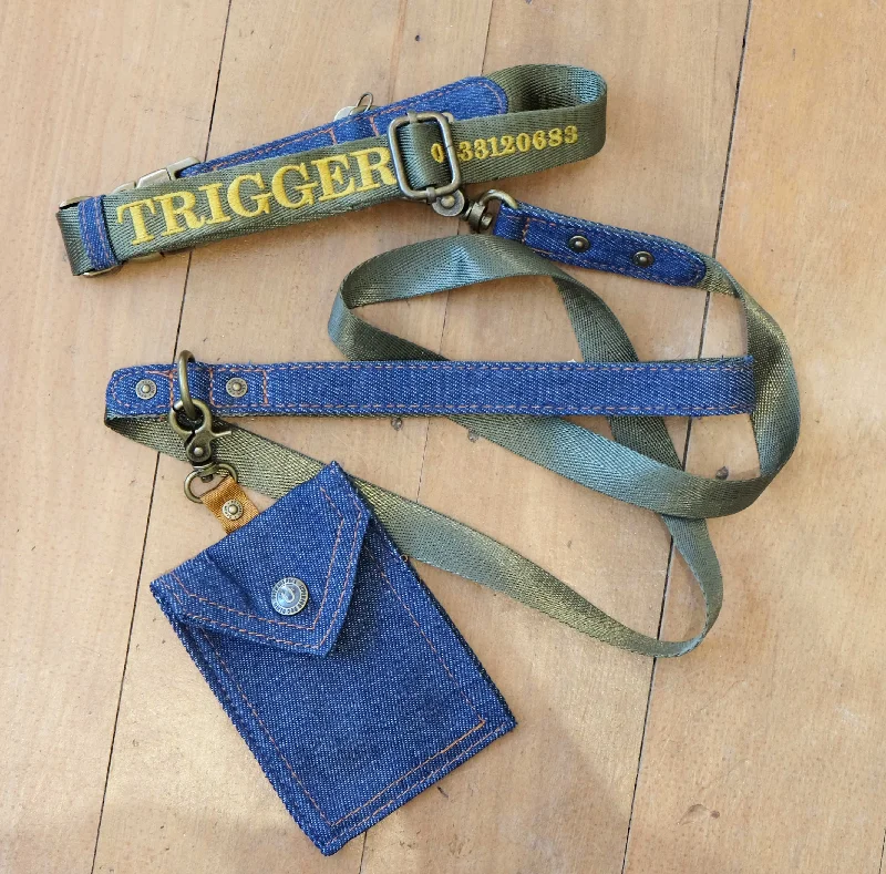  . **Pet collar with custom engraving**Personalised Embroidered Dog Collar Olive & Denim