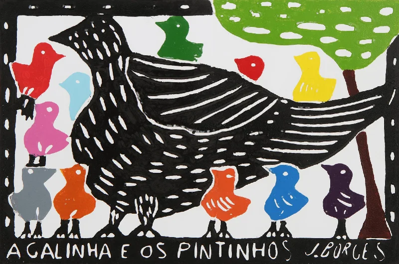 ---The Hen and Her Chicks Bird Family Multicolor Woodcut Print by J. Borges in Brazil