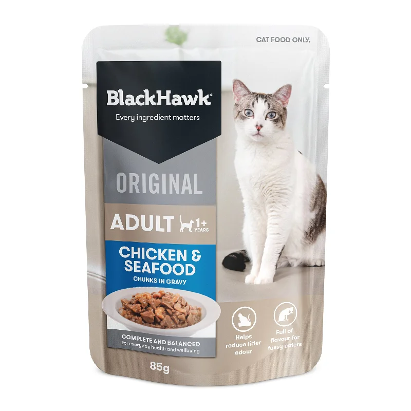  . **Health and Nutrition**  Black Hawk Chicken & Seafood Gravy Adult Wet Cat Food