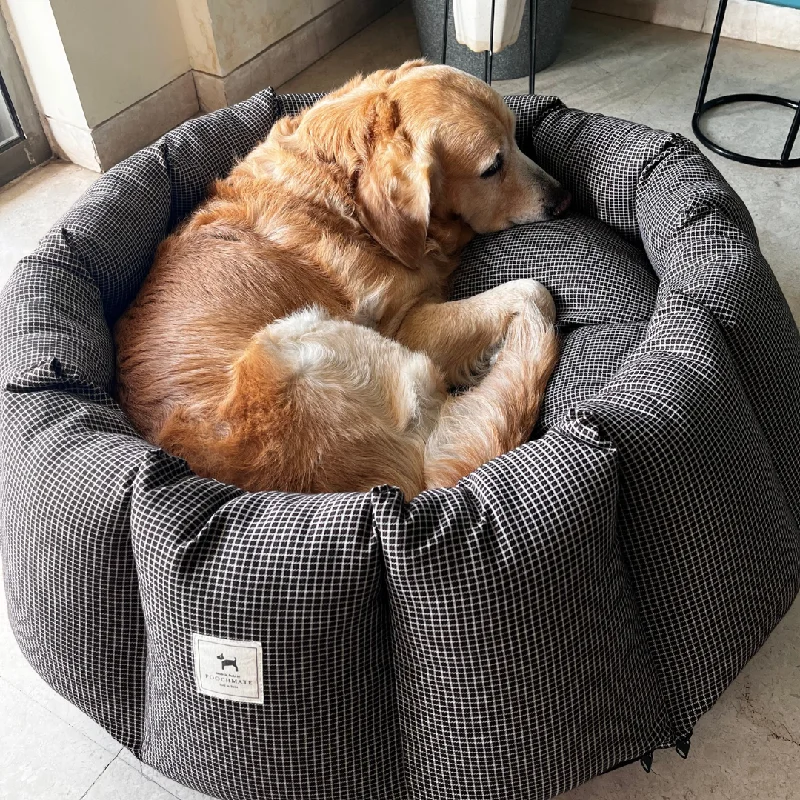 - Automatic temperature adjustment cat bedPoochMate Brown Checkered Round Bolster Dog Bed - Automatic temperature adjustment cat bedPoochMate Brown Checkered Round Bolster Dog Bed