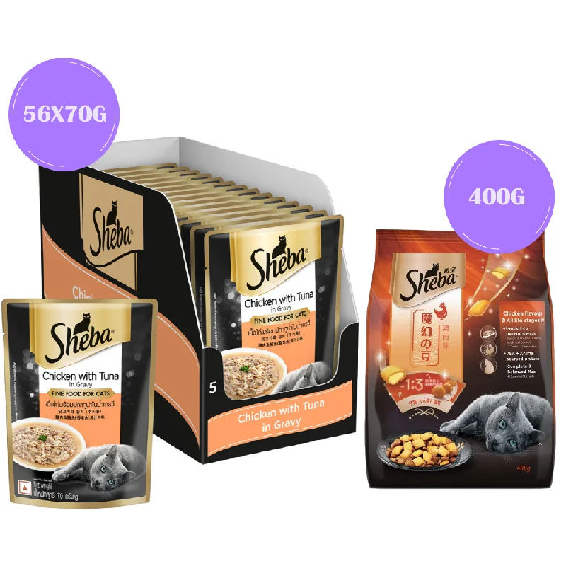 - Foldable and portable cat bagSheba Chicken With Tuna In Gravy Rich Premium Adult Fine Wet Food and Chicken Flavour Irresistible All Life Stage Cat Dry Food Combo - Foldable and portable cat bagSheba Chicken With Tuna In Gravy Rich Premium Adult Fine Wet Food and Chicken Flavour Irresistible All Life Stage Cat Dry Food Combo