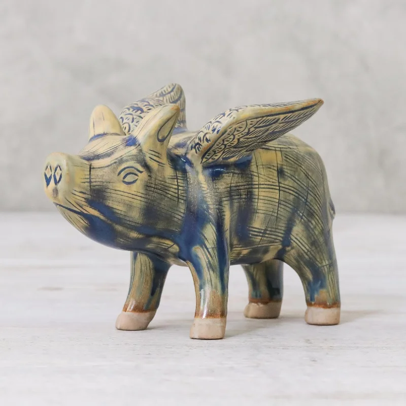 -Anti-scratch sofa protective coverFlying Pig Ceramic Flying Pig in Mustard and Blue Shades -Anti-scratch sofa protective coverFlying Pig Ceramic Flying Pig in Mustard and Blue Shades