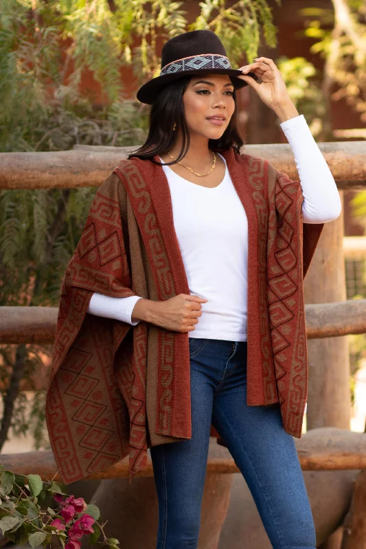 ---Inca Adventure Reversible Sepia and Pumpkin Alpaca Blend Hooded Ruana