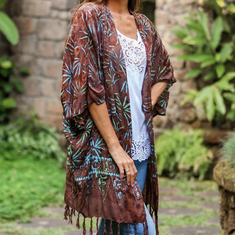  -Anti-scratch sofa protective coverDenpasar Lady in Brown Leaf Motif Batik Rayon Kimono Jacket in Brown from Bali