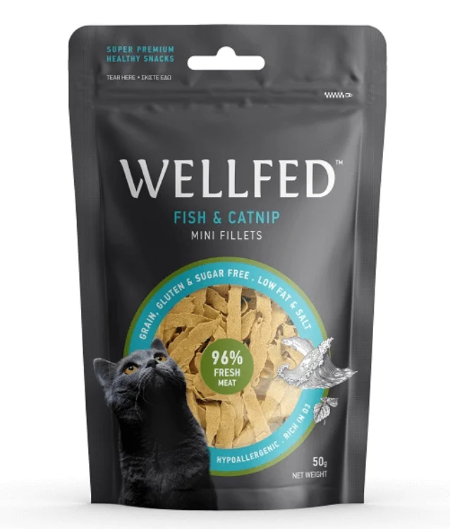    - Indoor cat food  Wellfed Fish & Catnip Mini Fillets 50g