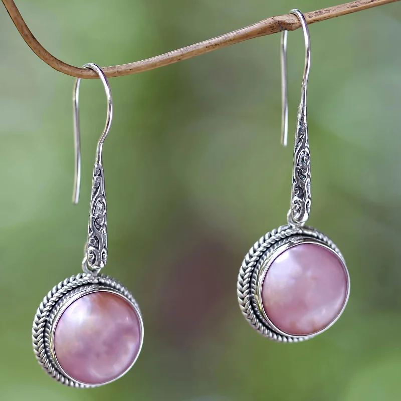 ---Balinese Camellia Balinese Cultured Pink Pearl Dangle Earrings