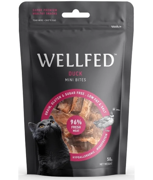    - Cat food for spayed/neutered cats  Wellfed Duck Mini Bites 50g