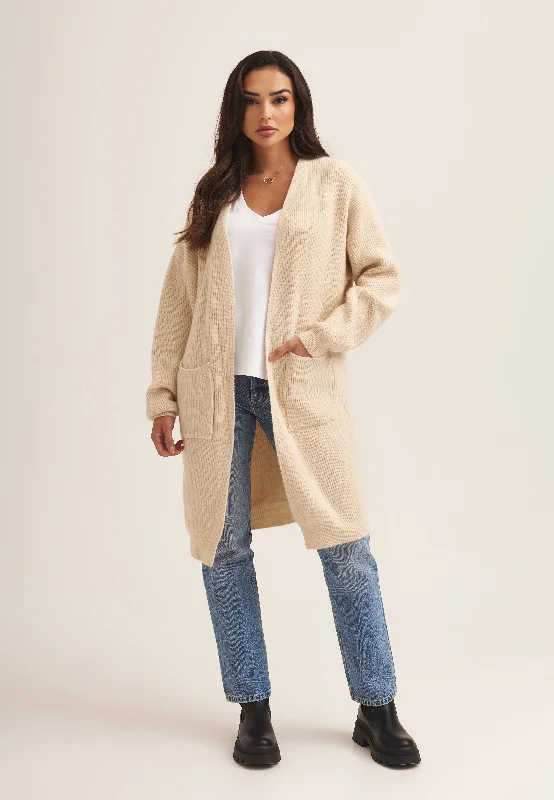 Cream Fine Knit Pocket Edge to Edge Cardigan