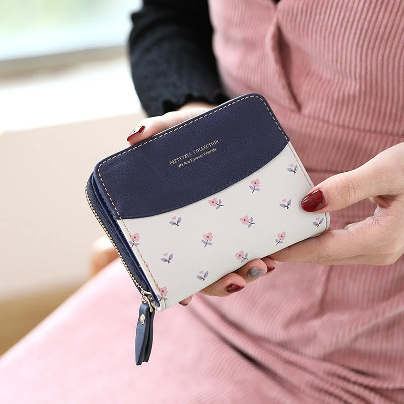 Korean Style Flower Design Short PU Leather Women's Minimalist Zip Coin Cards Wallet - OLF-727