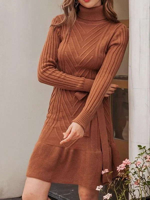 Ruffle Hem Belted Sweater Dress