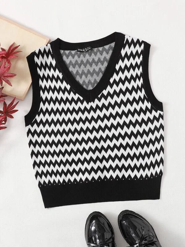 V Neck Chevron Pattern Sweater Vest