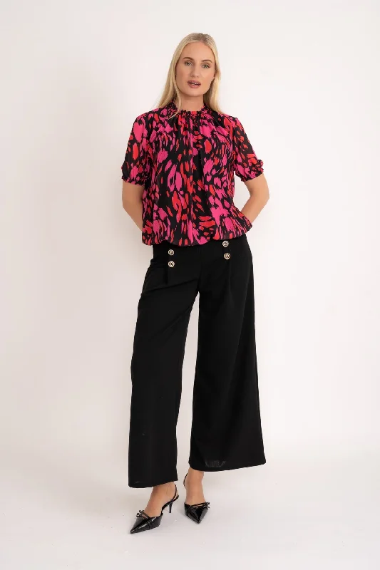 High Neck Short Sleeve Top in Black Print