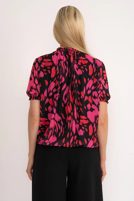 High Neck Short Sleeve Top in Black Print