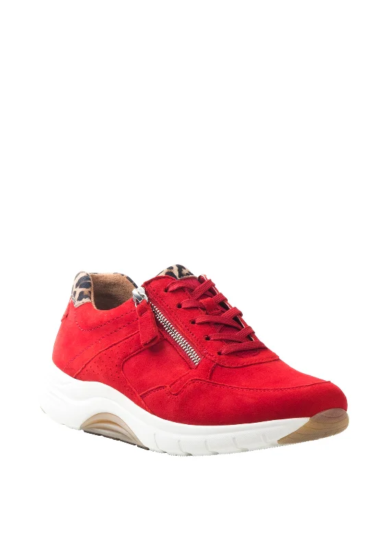 Gabor Suede and Leopard Print Panels Lace Up Trainers, Red