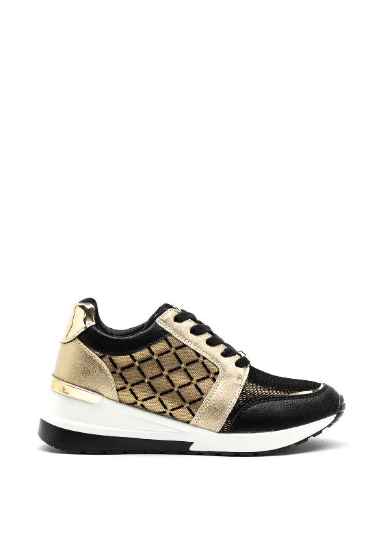 Menbur Metallic Mesh Wedge Trainers, Black & Gold