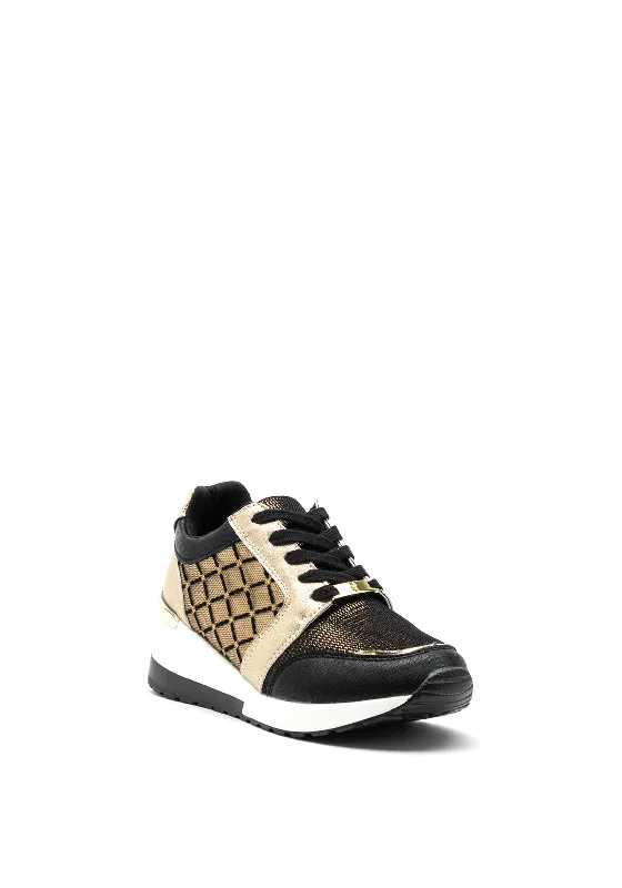 Menbur Metallic Mesh Wedge Trainers, Black & Gold