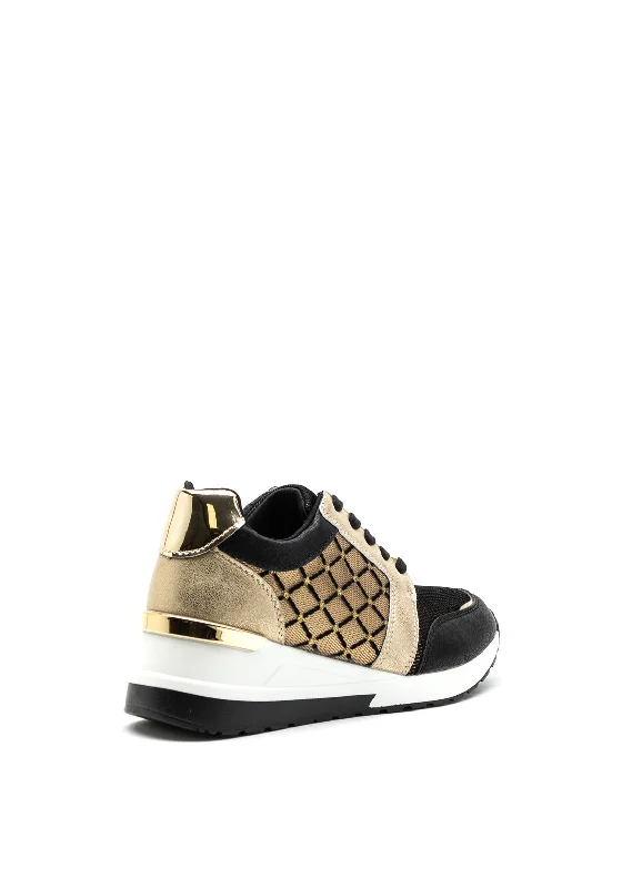 Menbur Metallic Mesh Wedge Trainers, Black & Gold