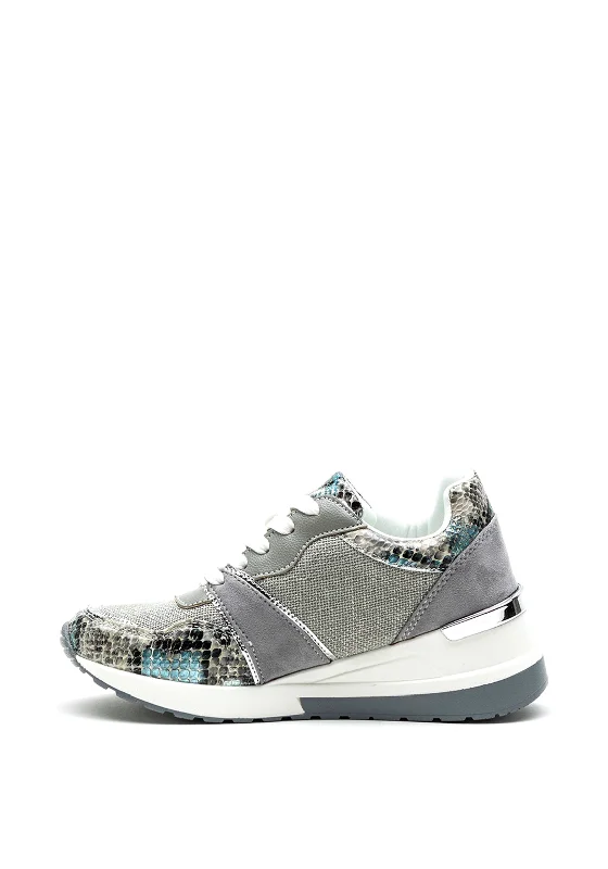 Menbur Metallic & Snake Print Wedge Trainer, Grey Multi