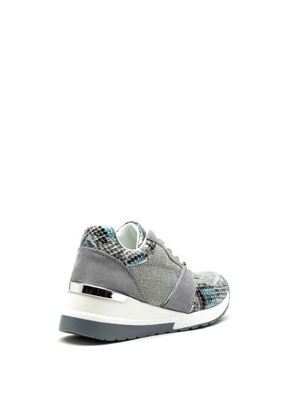 Menbur Metallic & Snake Print Wedge Trainer, Grey Multi