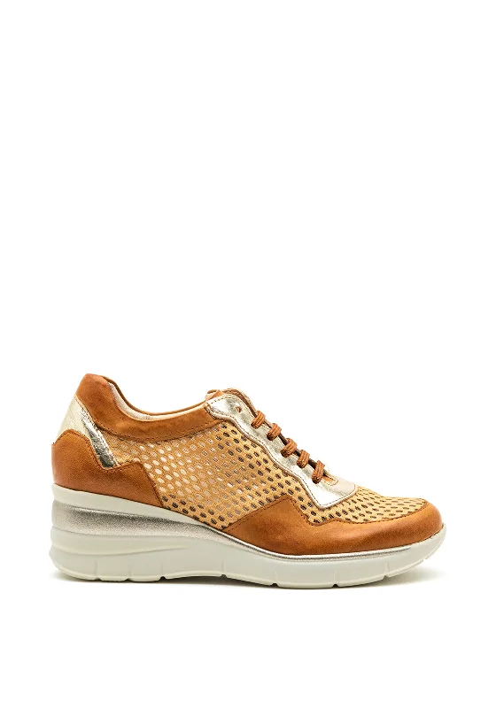 Pitillos Leather Mesh Panel Wedged Trainers, Tan