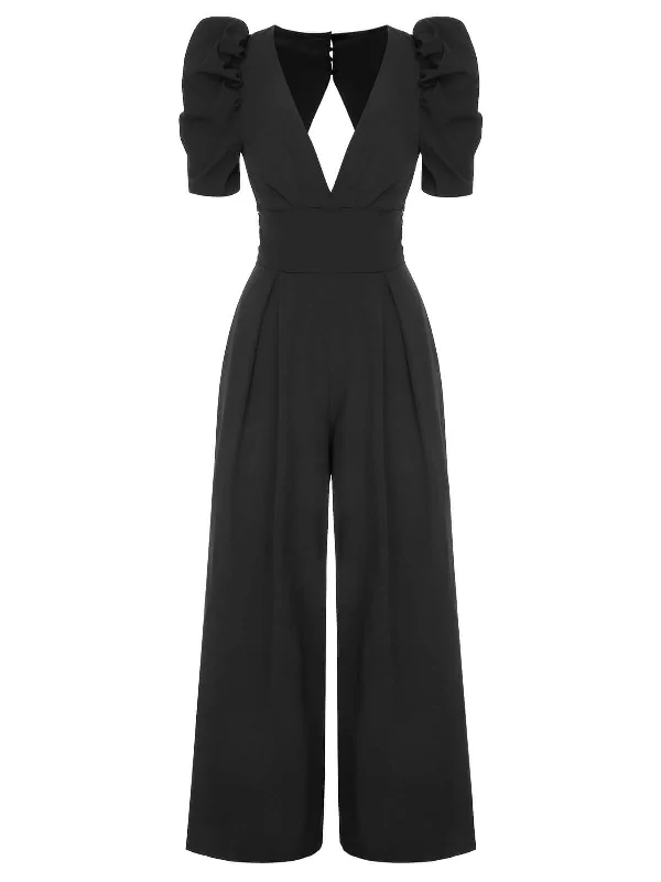 1930s Solid Deep V Puff Sleeves Jumpsuit