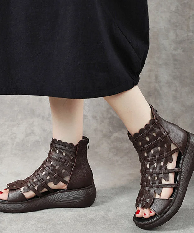 Comfy Chocolate Cowhide Leather Sandals Peep Toe Sandals