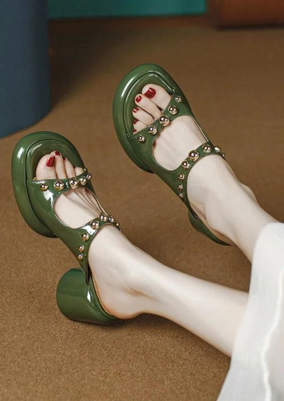 Green Faux Leather Chic Rivet Splicing Peep Toe Chunky Slide Sandals