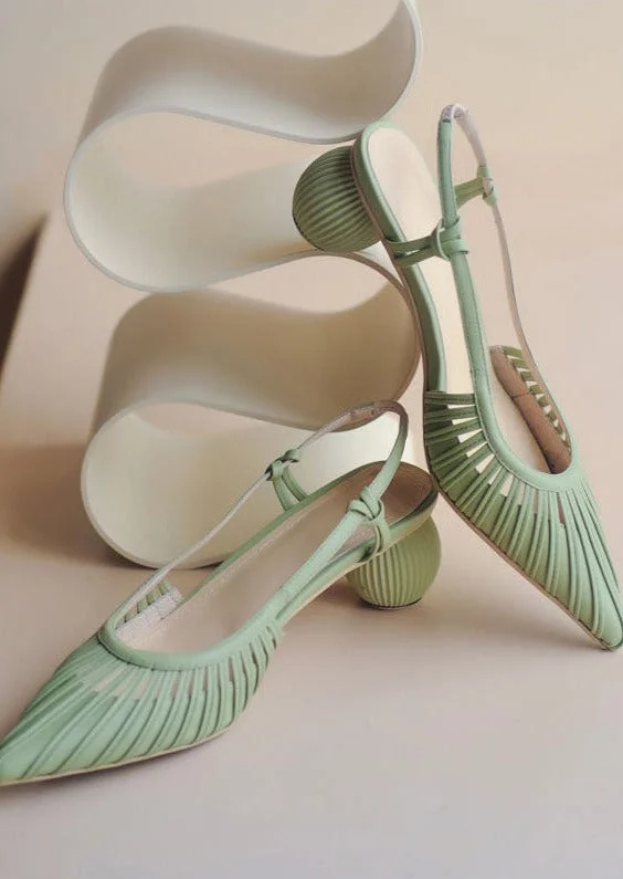 Light Green Pointed Toe Hollow Out Splicing Chunky Sandals