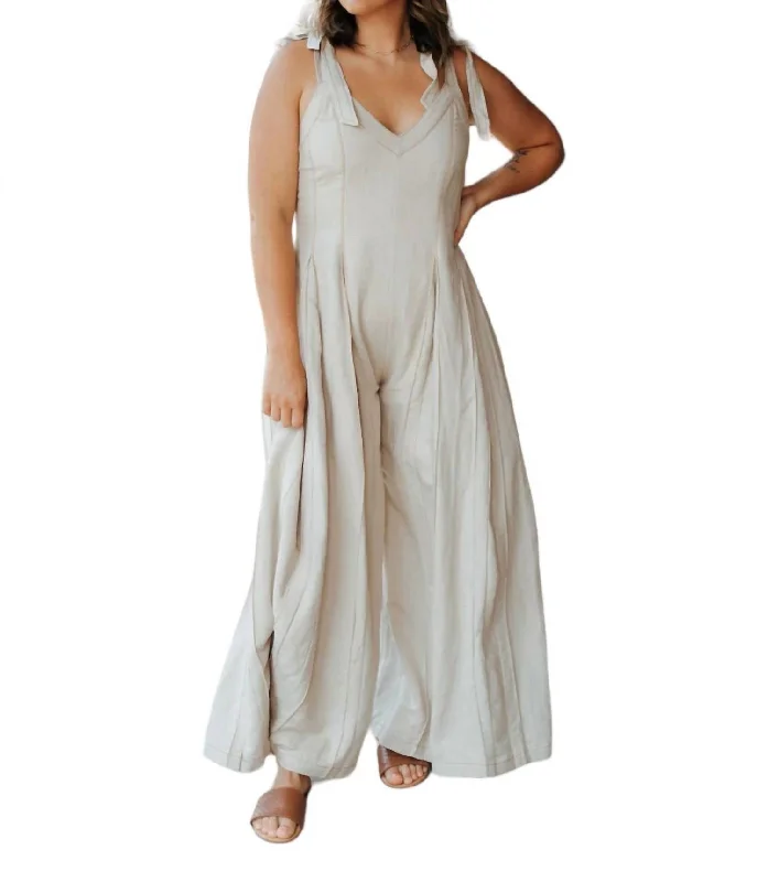 Linen Stitch Wide Leg Jumpsuit In Natural