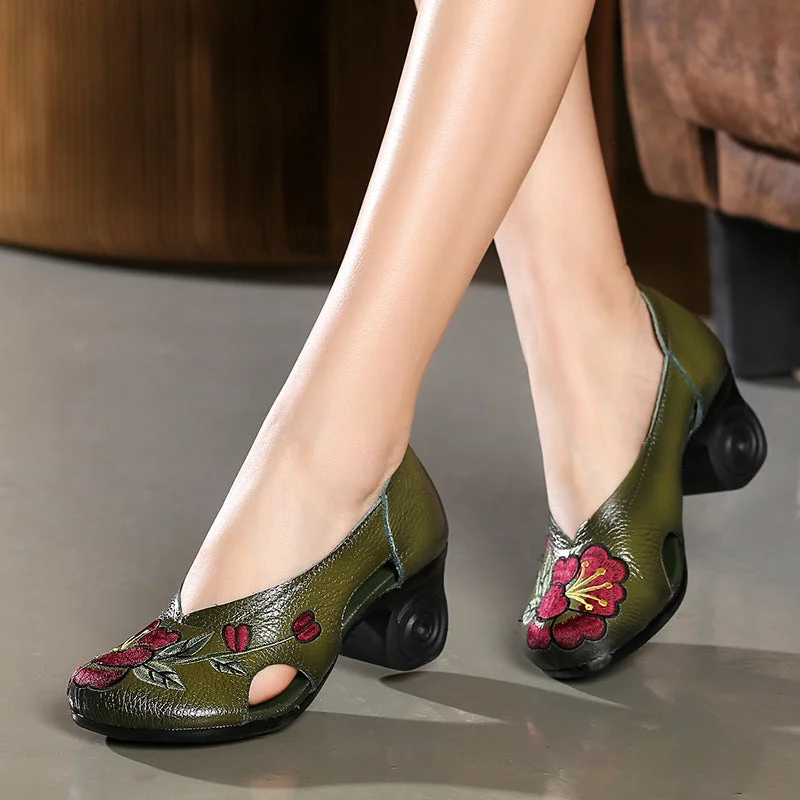 Women Summer Retro Floral Leather Wedge Casual Sandals