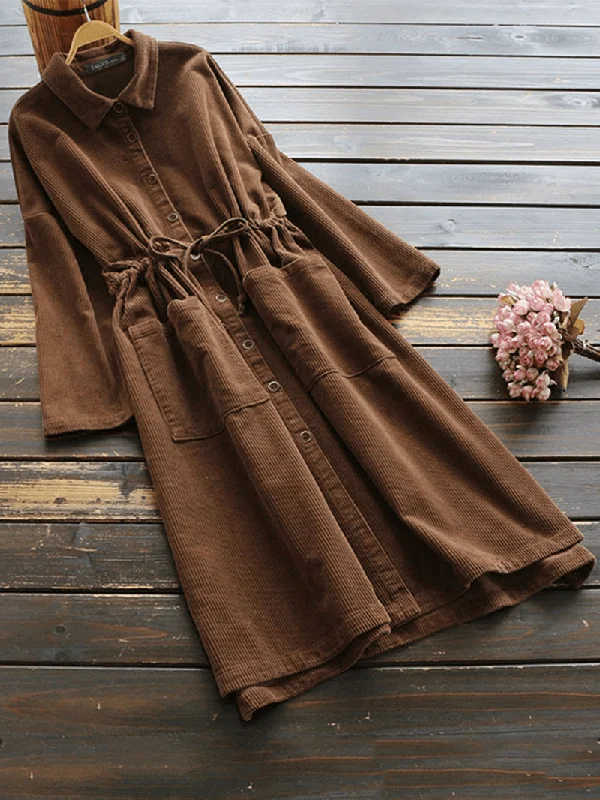 Corduroy Long Sleeve Drawstring Waist Vintage Coats