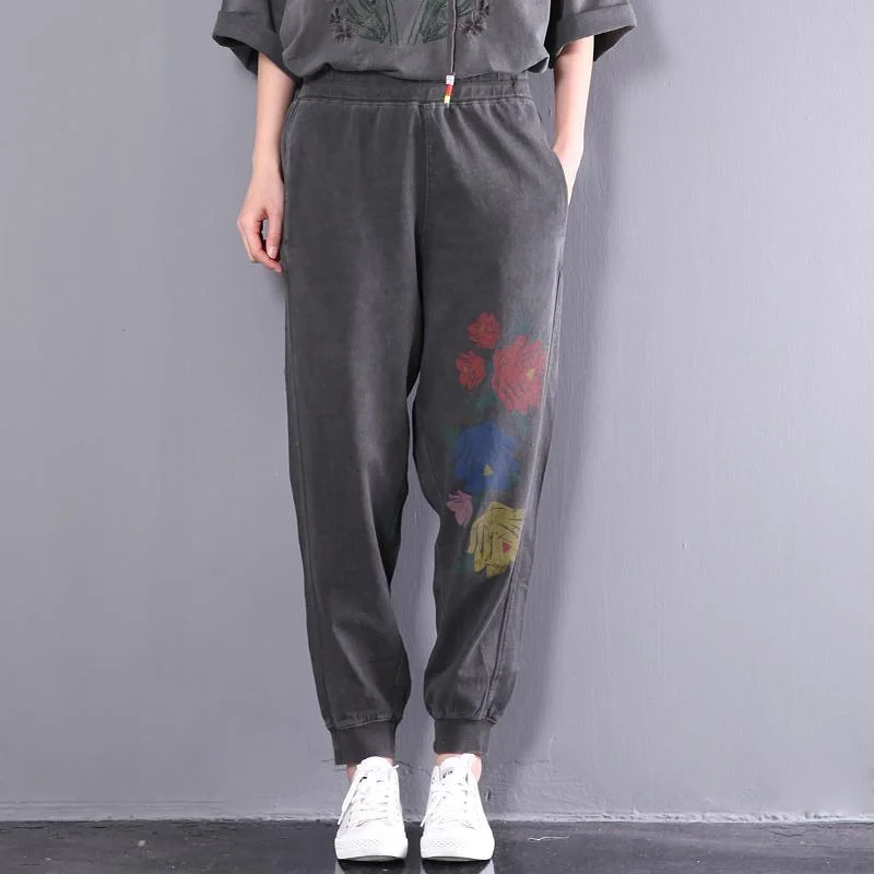 dark gray print cotton trousers casual oversize pants