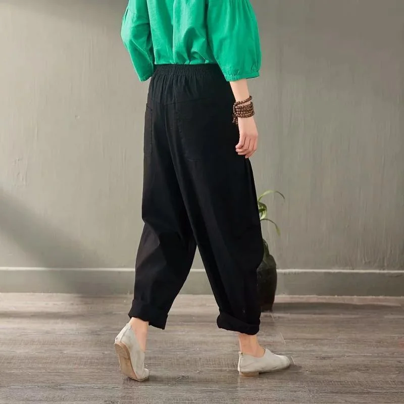 elegant blue linen women trousers plus size elastic waist harem pants