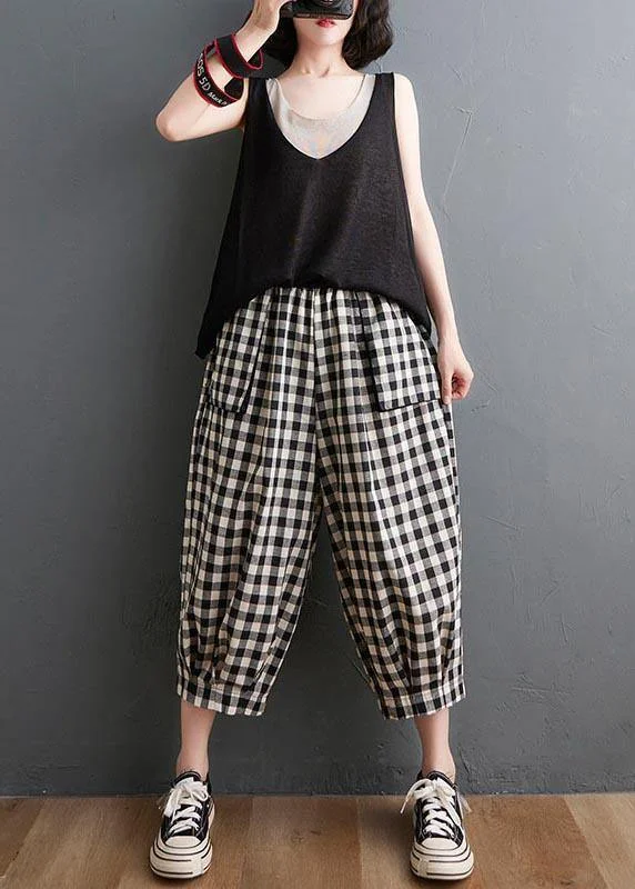 Plus Size Plaid Elastic Waist Casual Harem Pants Summer Cotton Linen