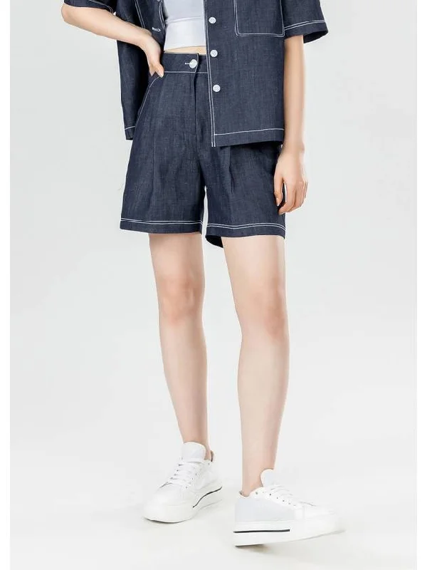 Tony Summer Linen Denim 4-quarter Stitched Pintuck Secret Banding Shorts Navy