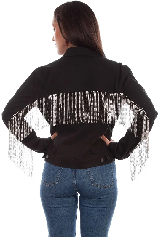 Scully Womens Black Cotton Blend Rhinestone Fringe Denim Jacket