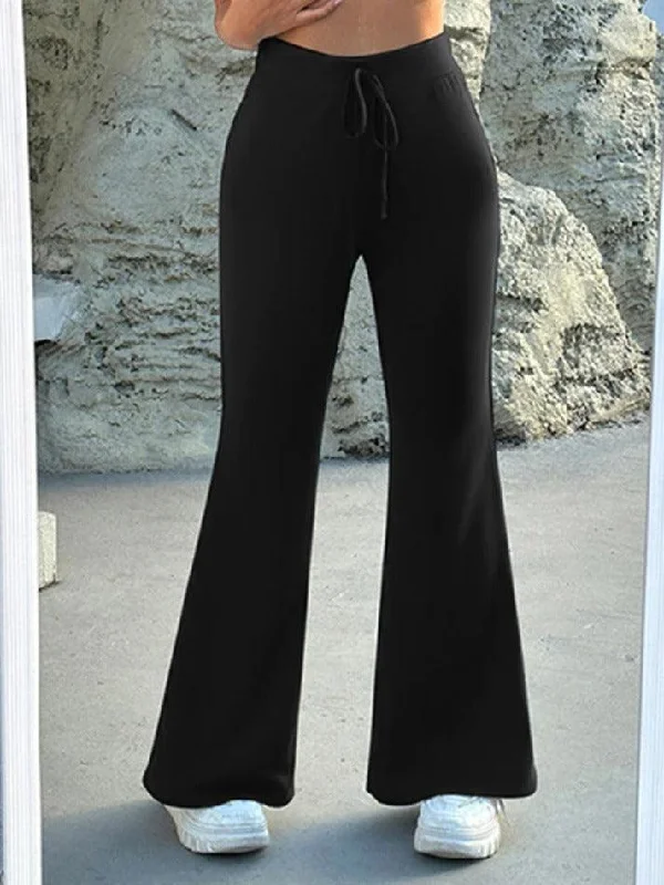 Solid Drawstring Flare Leg Pants