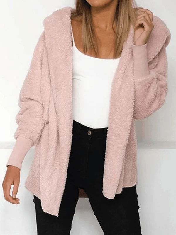 Women Pure Color Fleece Long Sleeve Hooded Coats