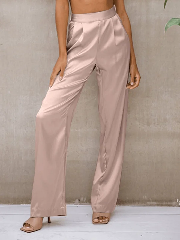 Women Solid Simple European Commute Smooth Pants with Pleats